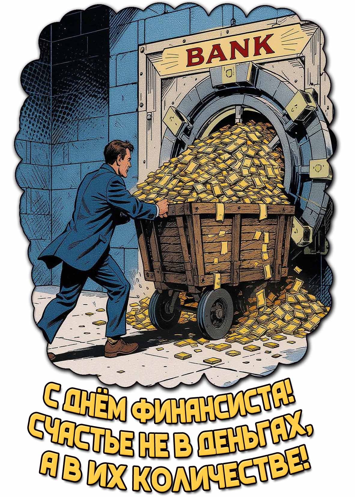 Открытка "С днём финансиста! Счастье не в деньгах, а в их количестве!"