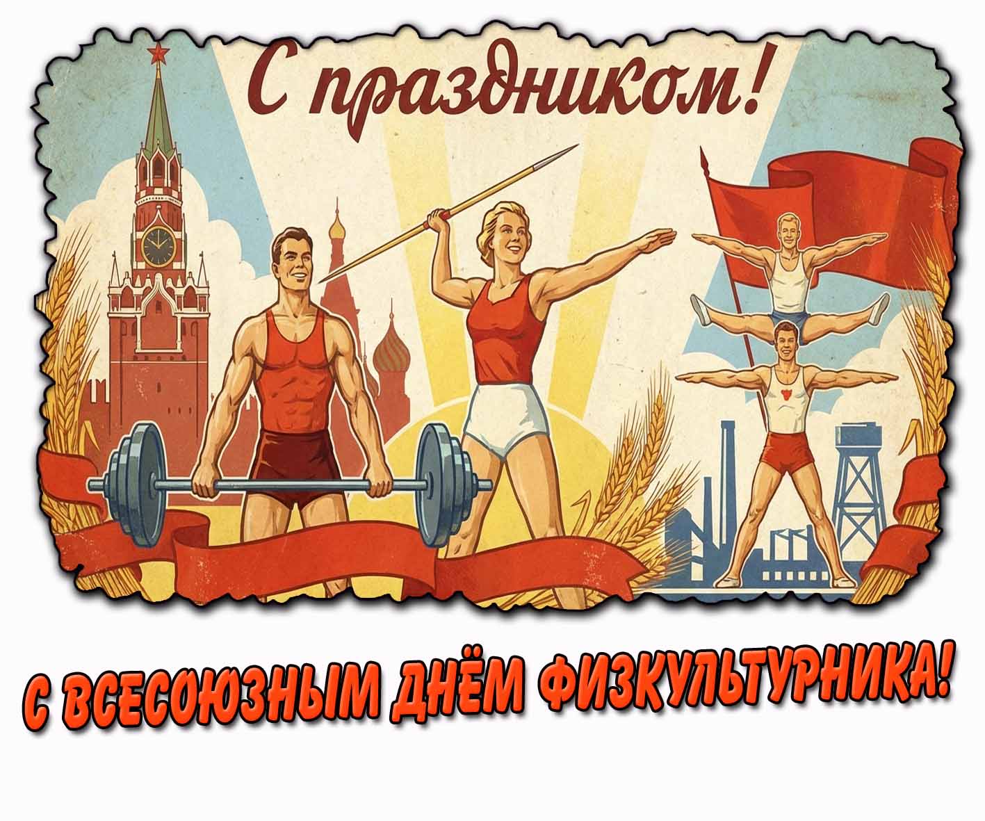 Советская открытка "С Всесоюзным днём физкультурника! С праздником!"