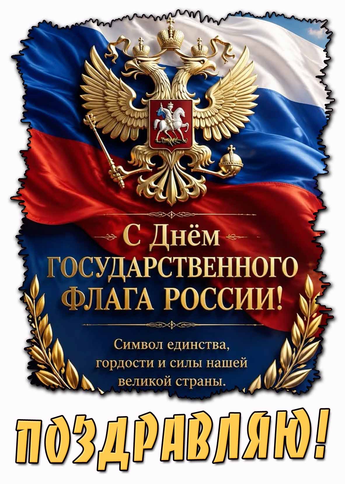 Открытка "С днём Государственного флага Российской Федерации! Символ единства, гордости силы нашей великой страны! Поздравляю!"