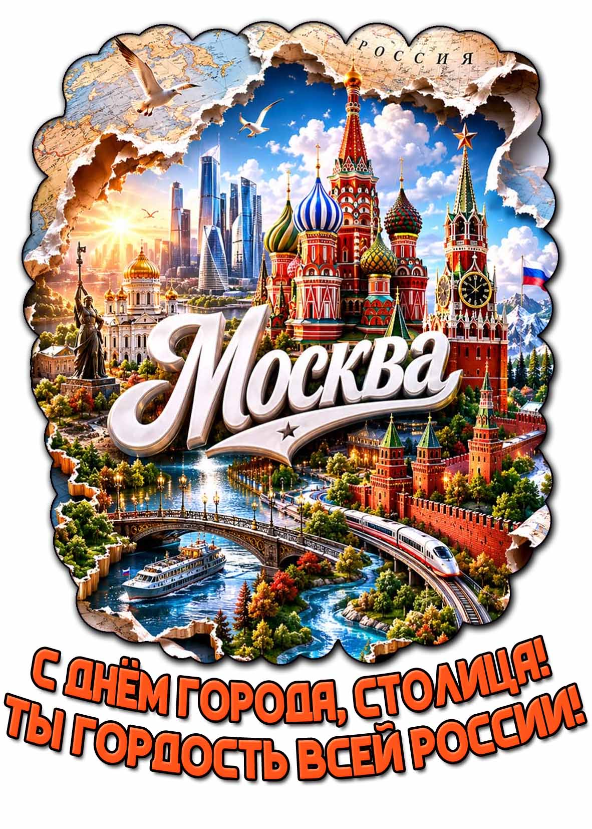 Открытка "Москва! С днём города, столица! Ты гордость всей России!"