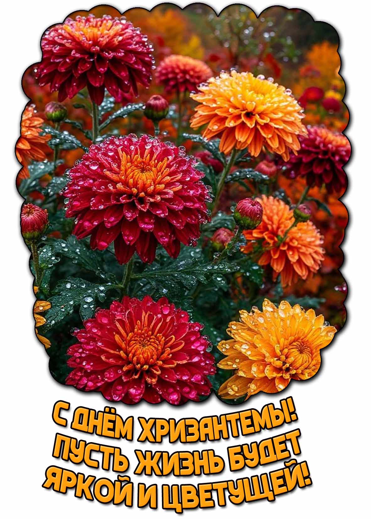 Открытка "С днём хризантемы! Пусть жизнь будет яркой и цветущей!"