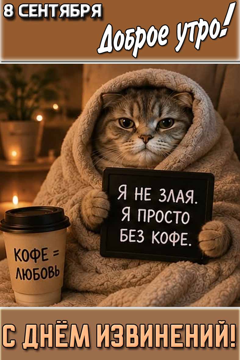 Смешная картинка "8 сентября доброе утро! С днём извинений! Я не злая! Просто без кофе!"
