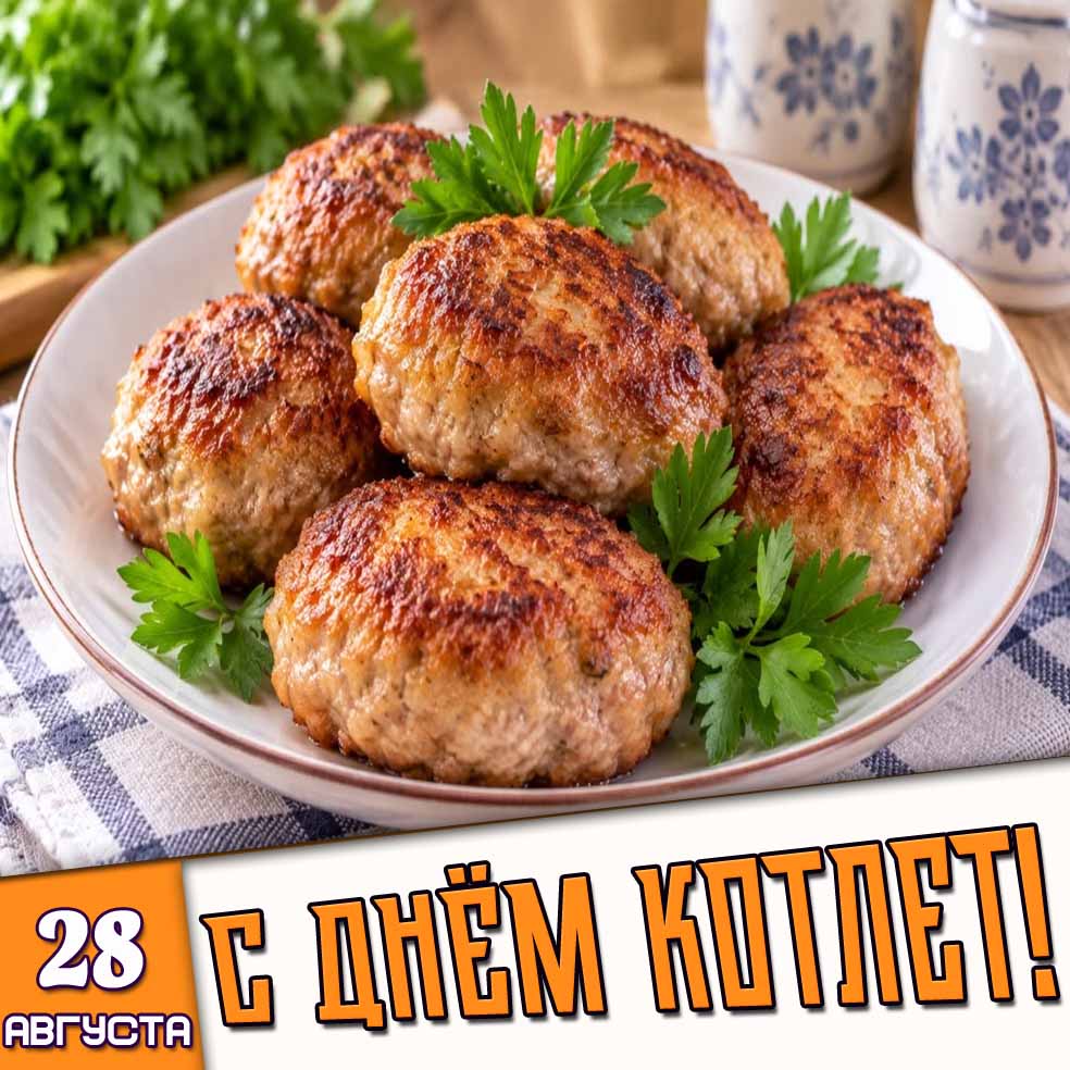 Сочная и аппетитная картинка к кулинарному празднику 28 августа - с днём котлет!