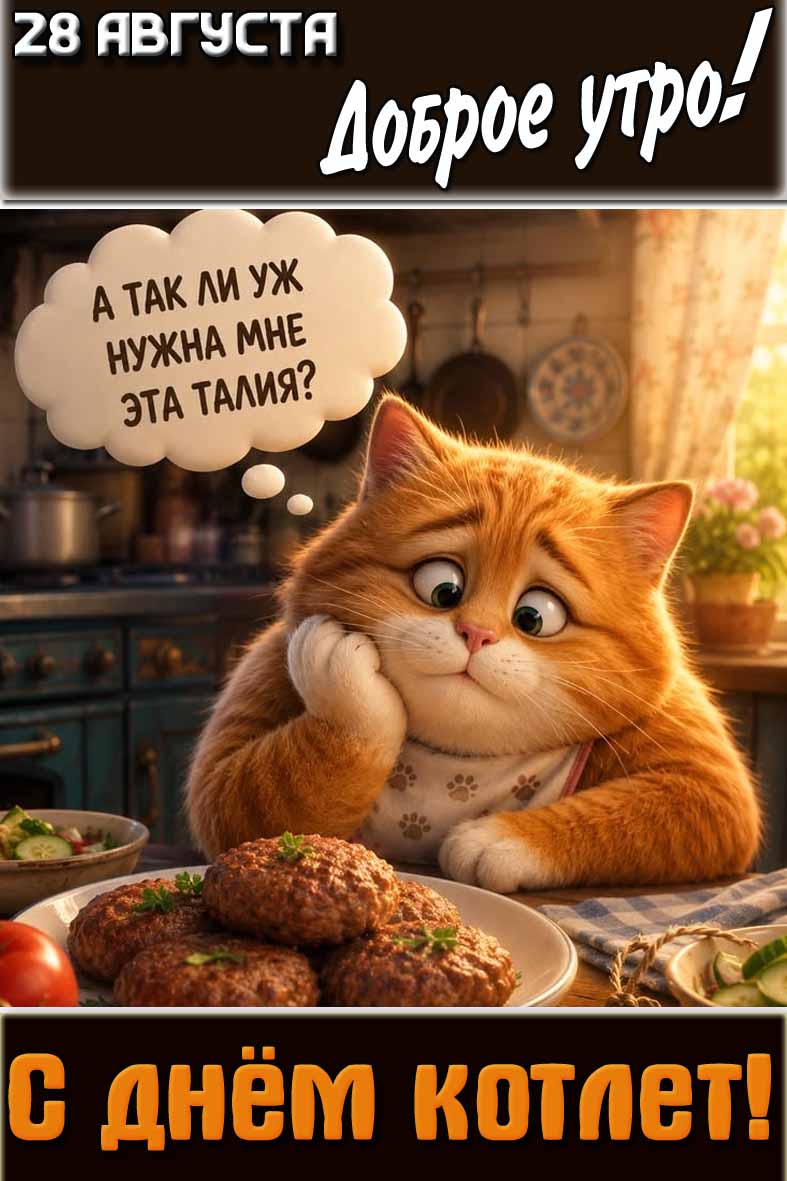 Смешная картинка "28 августа доброе утро! С днём котлет! А так ли уж нужна мне эта талия?"