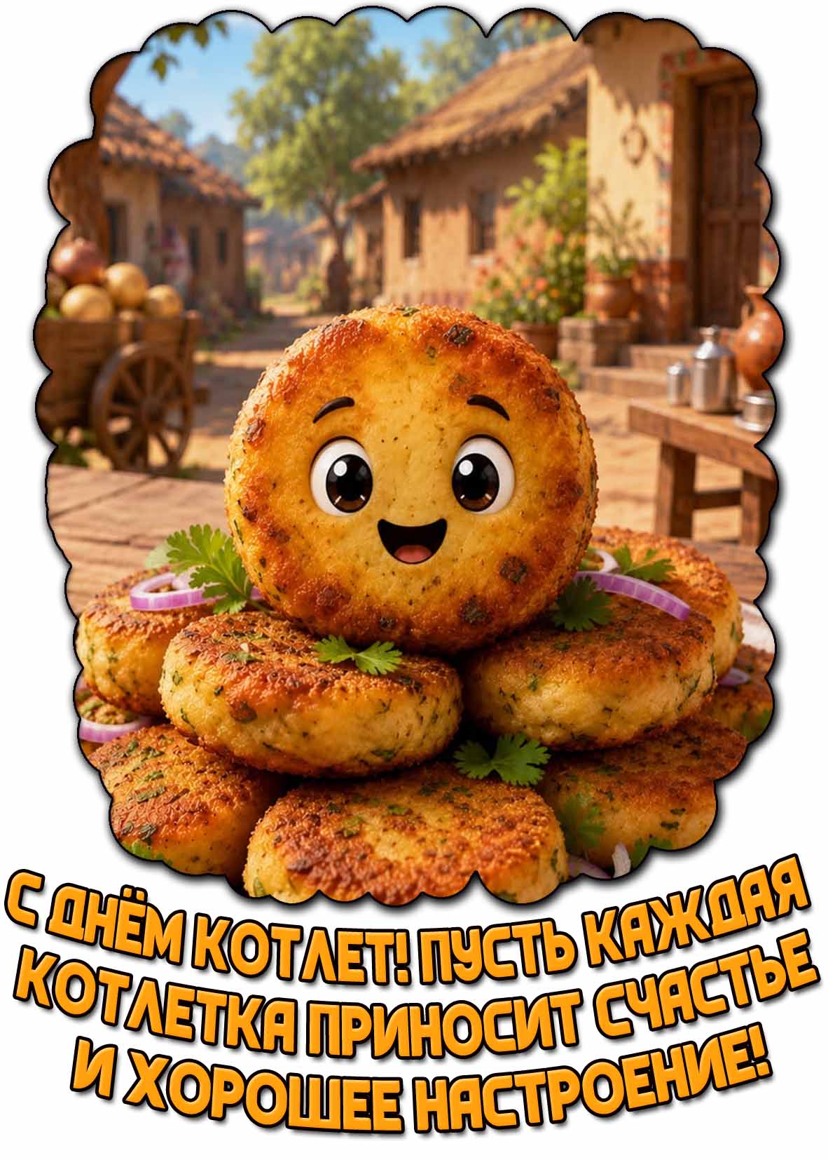 Прикольная открытка "С днём котлет! Пусть каждая котлетка приносит счастье и хорошее настроение!"