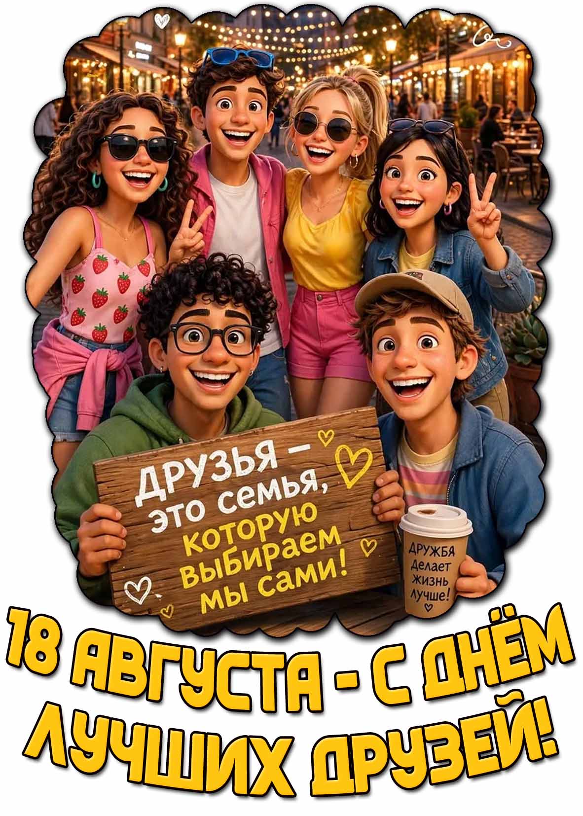 Открытка "С днём лучших друзей! Друзья - это семья, которую выбираем мы сами!" - 18 августа