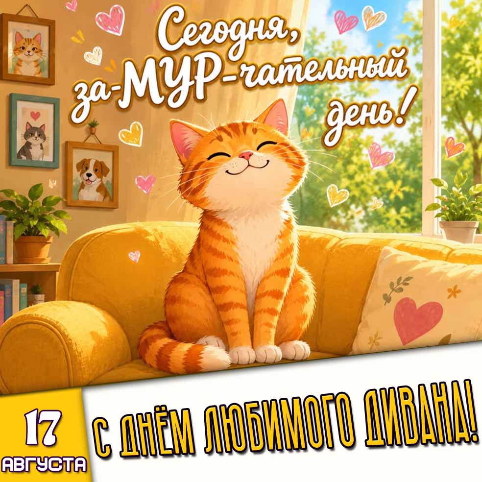 Картинка 17 августа - с днём любимого дивана! Сегодня, за-МУР-чательный день!