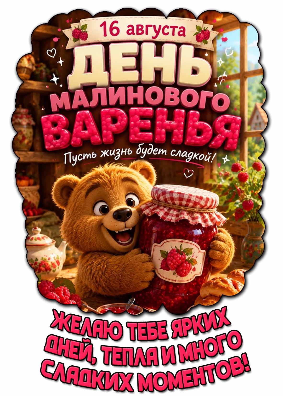 Открытка "16 августа - день малинового варенья! Пусть жизнь будет сладкой! Желаю тебе ярких дней, тепла и много сладких моментов!"