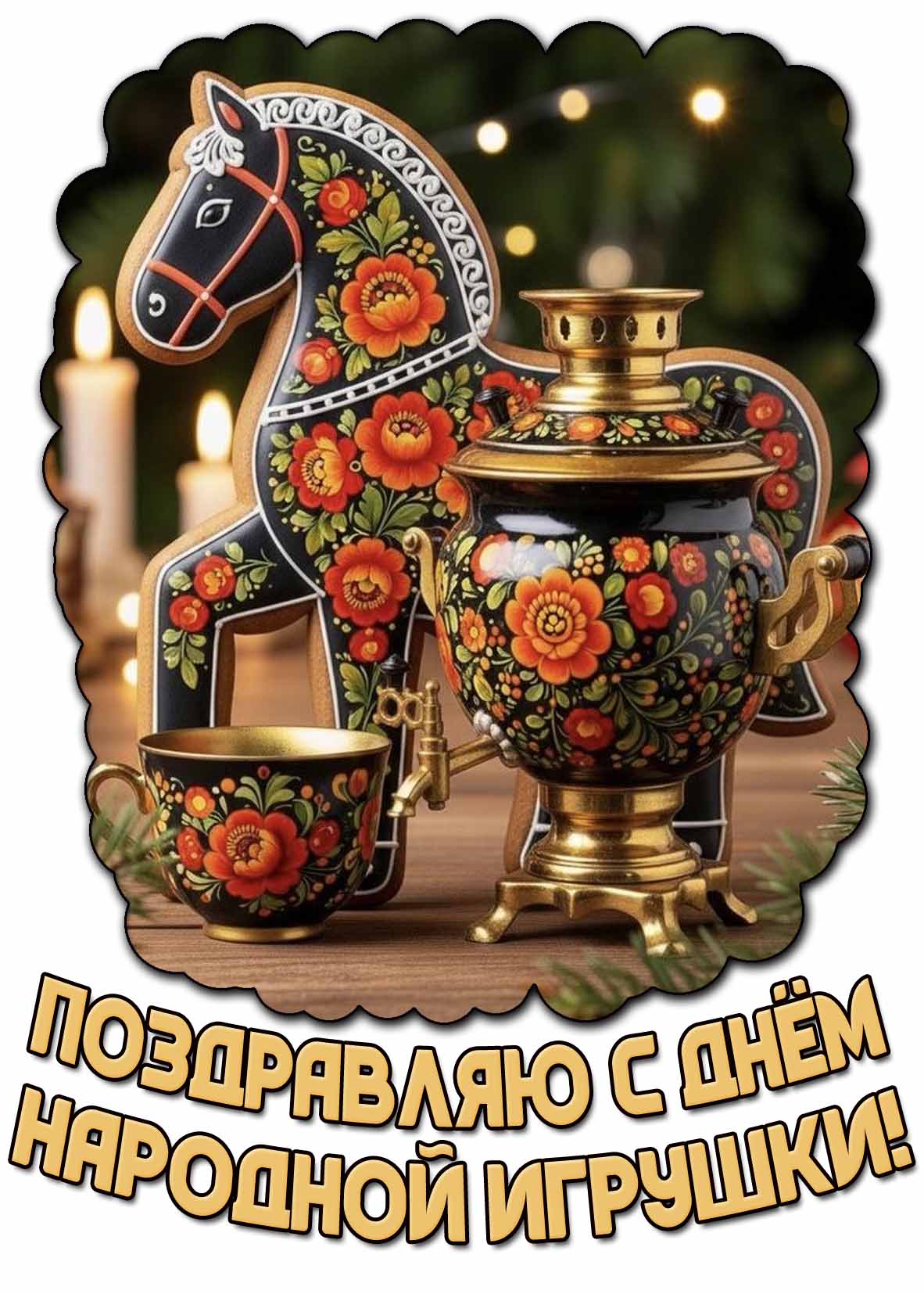 Поздравляю с днём народной игрушки! - красивая хохломская открытка