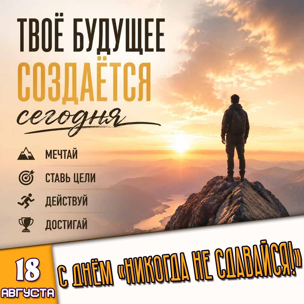 Картинка 18 августа - с днём «Никогда не сдавайся!» Твоё будущее создаётся сегодня! Мечтай! Ставь цели! Действуй! Достигай!