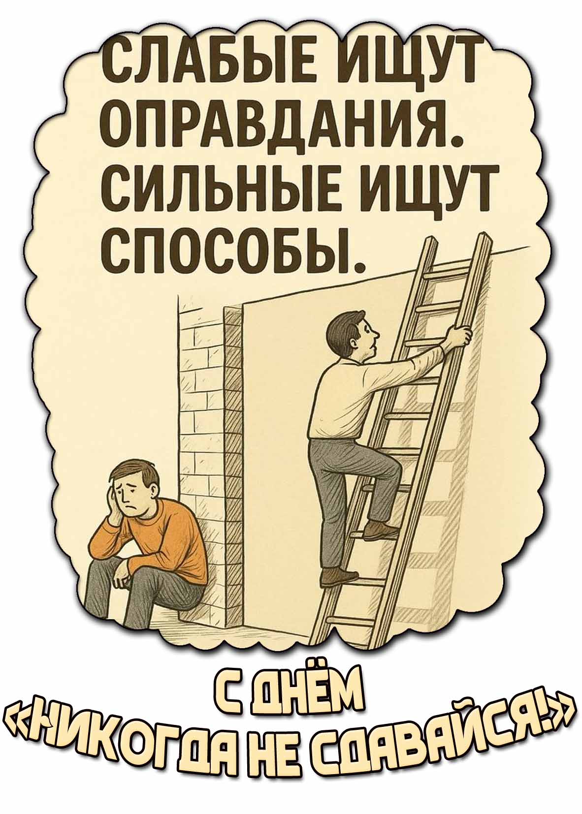 Мотивационная открытка "С днём Никогда не сдавайся! Слабые ищут оправдания. Сильные ищут способы!"