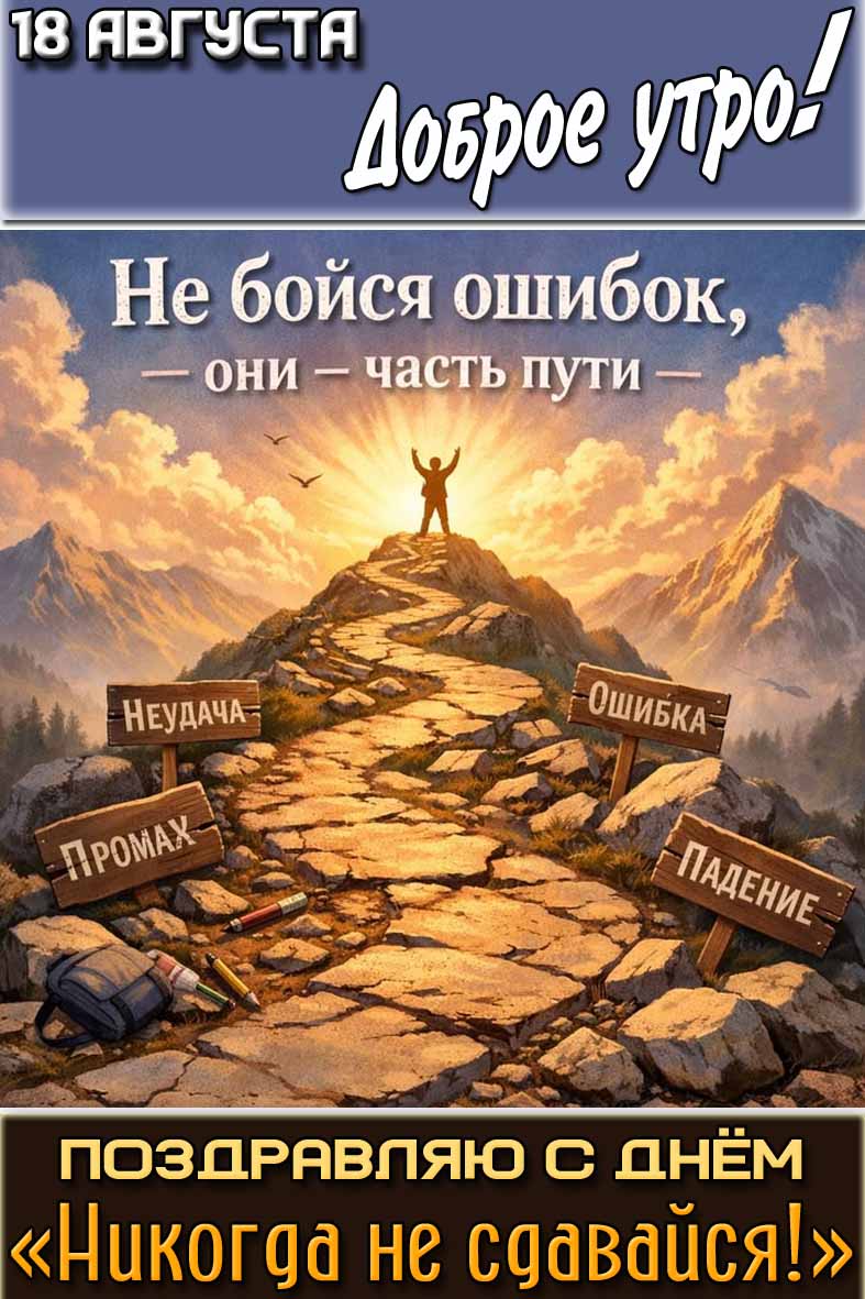 Картинка "18 августа доброе утро! Поздравляю c днём Никогда не сдавайся! Не бойся ошибок, они часть пути!