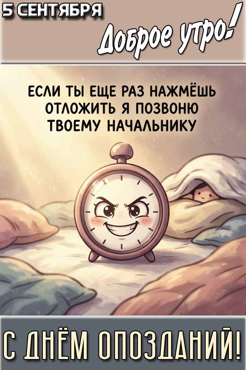 Смешная картинка "5 сентября доброе утро! С днём опозданий! Ещё раз нажмёшь отложить я позвоню твоему начальнику!"