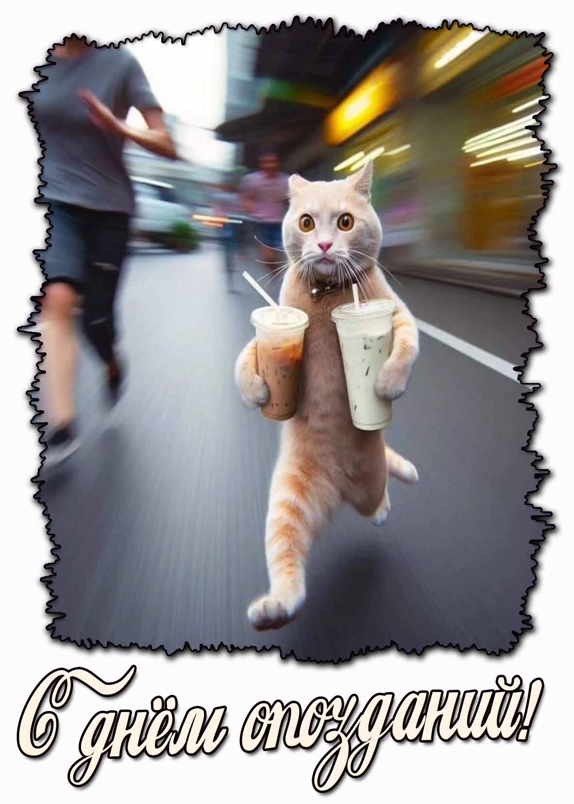 С днём опозданий! - прикольная открытка с котом
