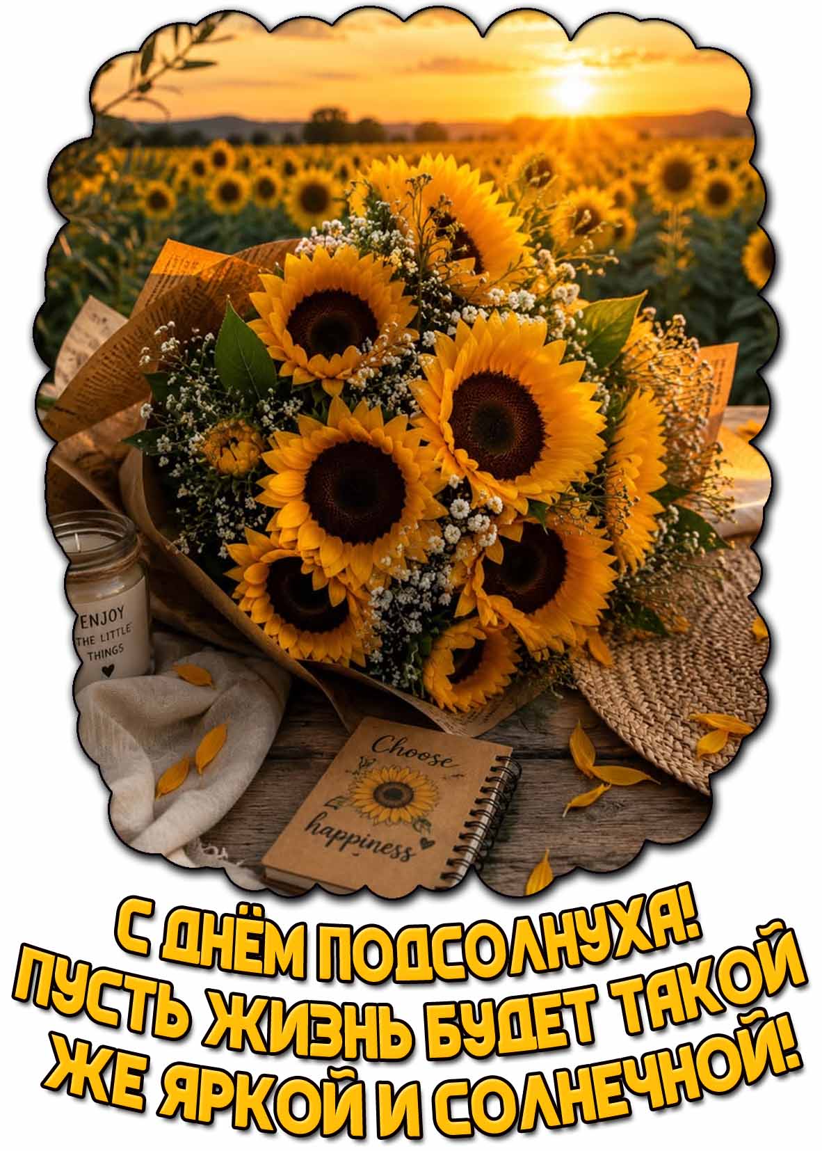 Открытка "С днём подсолнуха! Пусть жизнь будет такой же яркой и солнечной!"