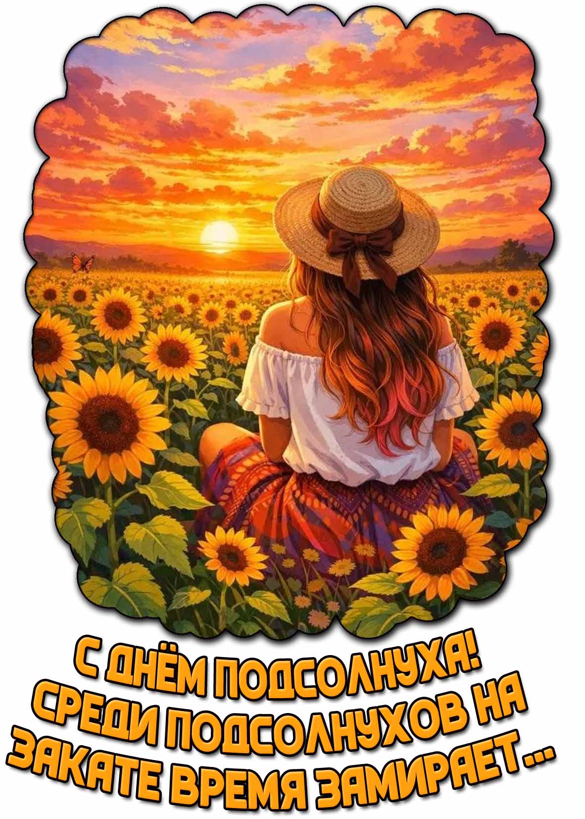 Открытка с днём подсолнуха! Среди подсолнухов на закате время замирает...