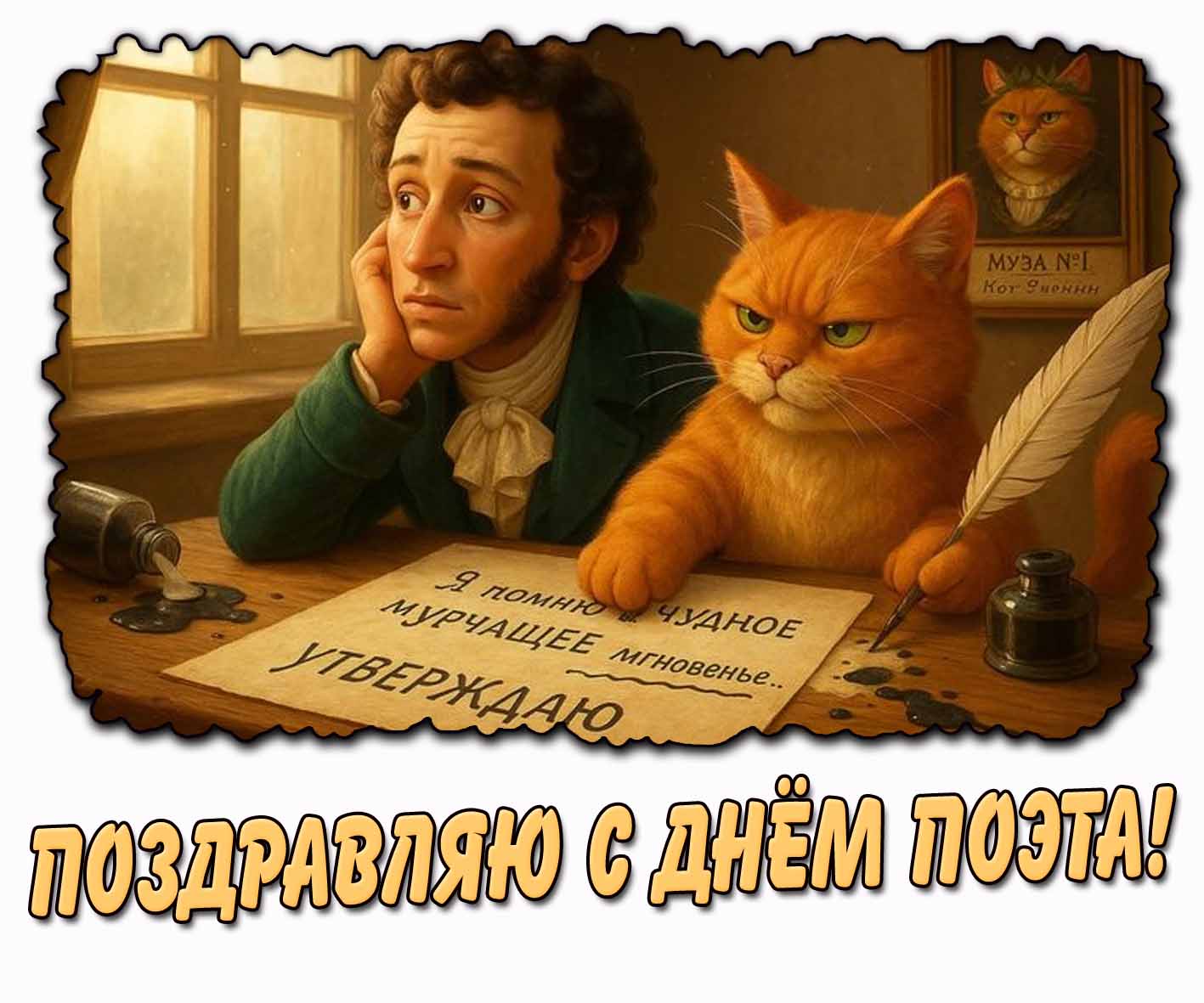 Поздравляю с днём поэта! - смешная открытка с котом и Пушкиным