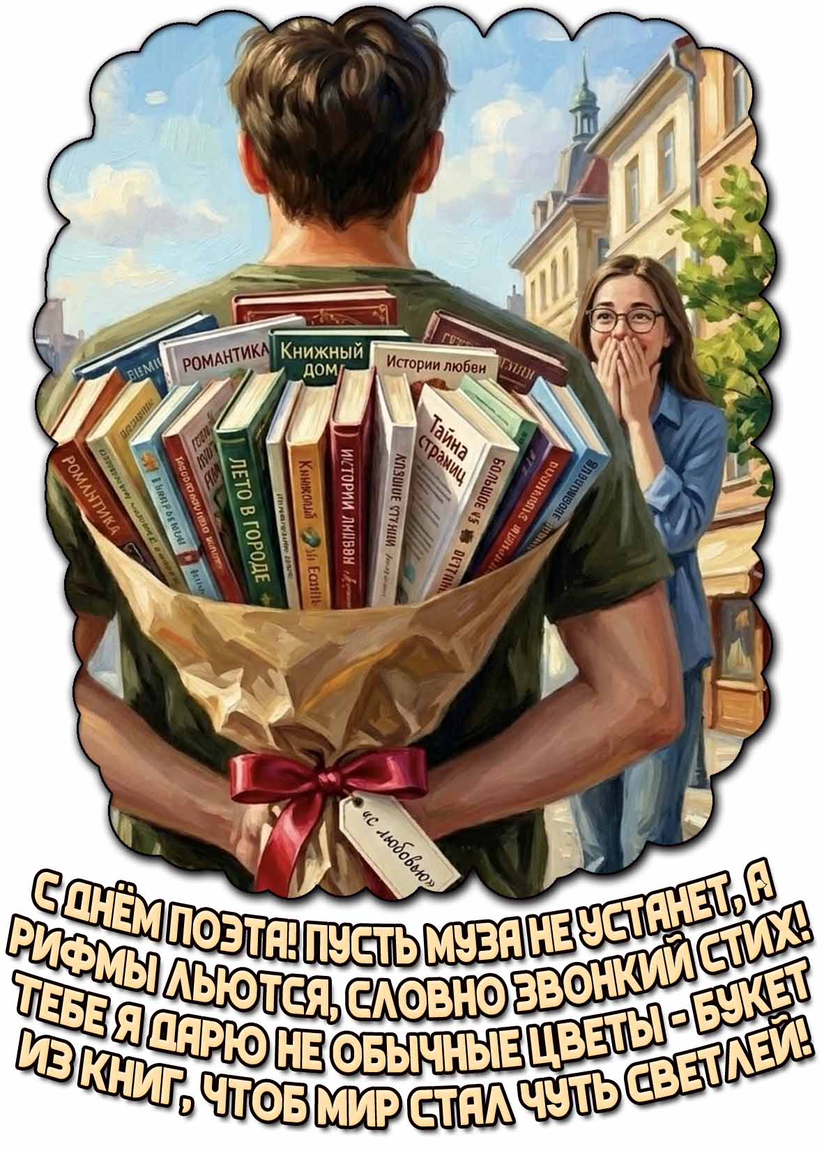 Открытка "С Днём поэта! Пусть муза не устанет, а рифмы льются, словно звонкий стих! Тебе я дарю не обычные цветы -  букет из книг, чтоб мир стал чуть светлей!"
