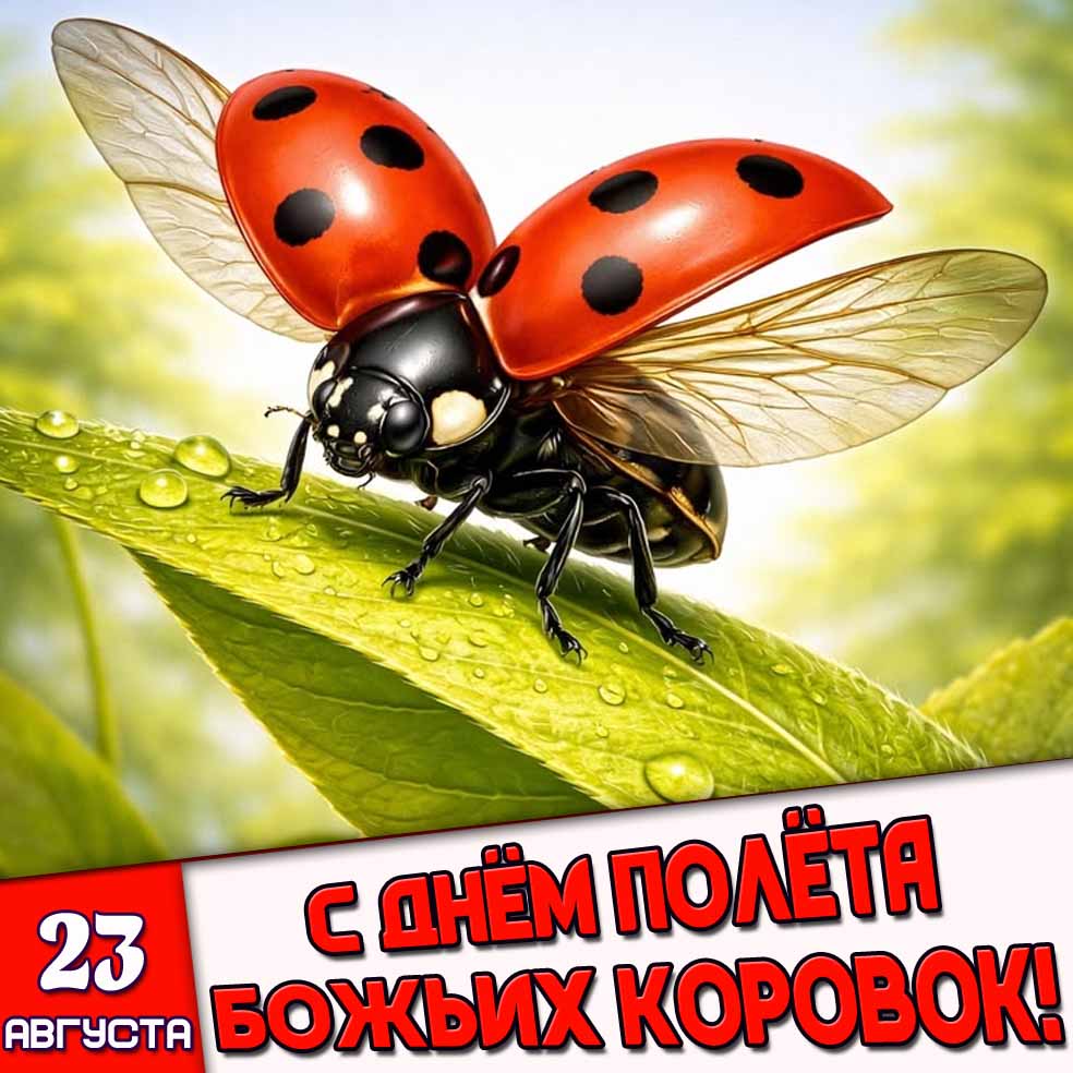 Открытка 23 августа - с днём полёта божьих коровок!