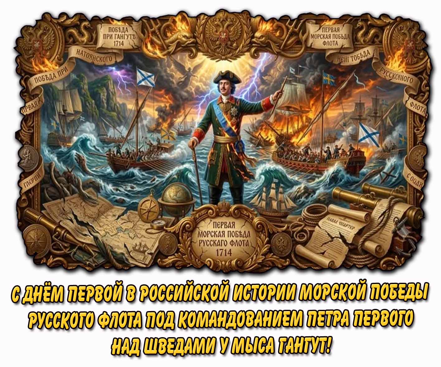 С днём первой в российской истории морской победы русского флота под командованием Петра I над шведами у мыса Гангут! - открытка
