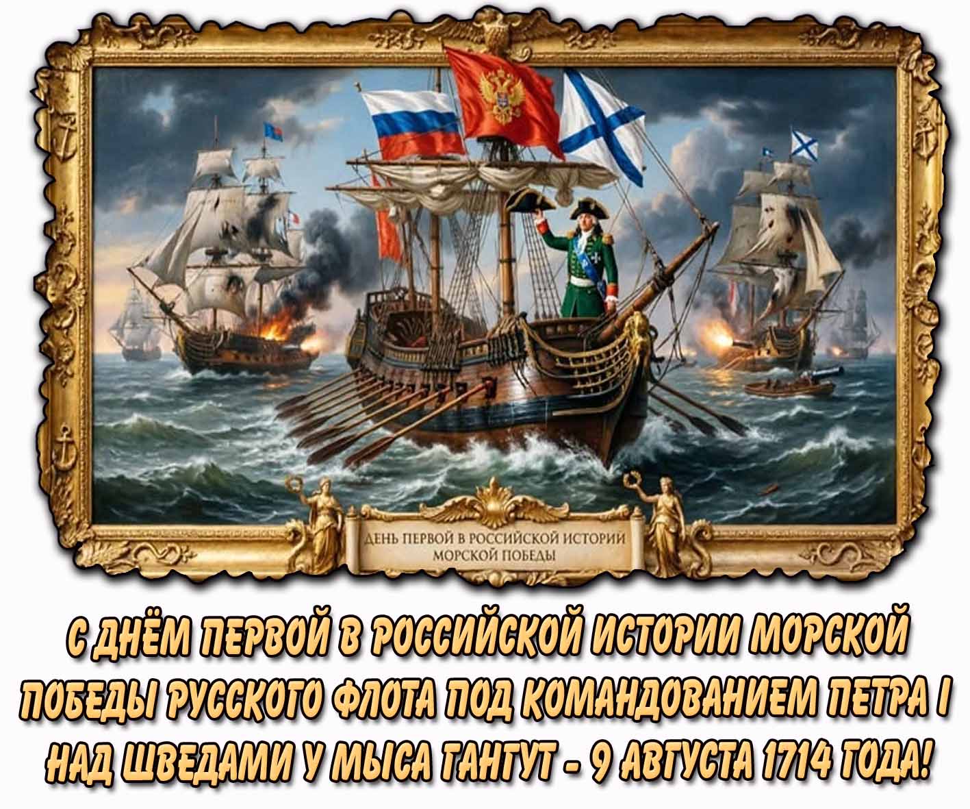 Картинка с днём первой в российской истории морской победы русского флота под командованием Петра I над шведами у мыса Гангут - 9 августа 1714 года