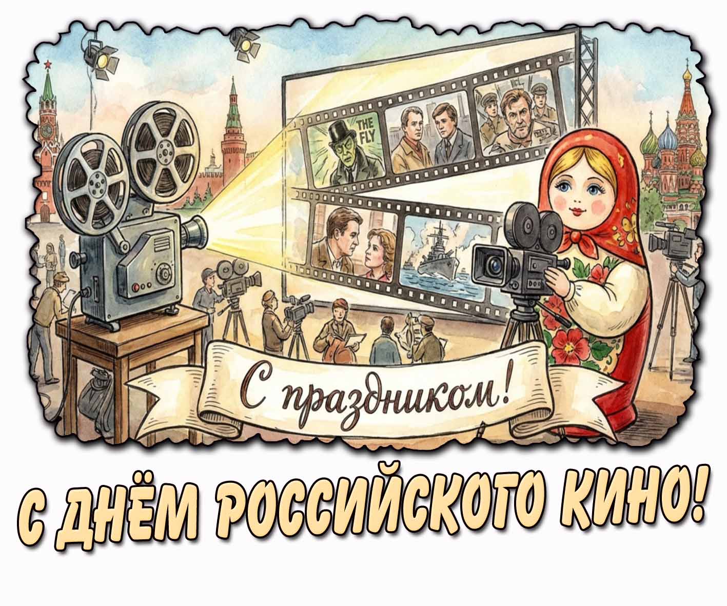 Прикольная открытка "С днём российского кино! С праздником!"