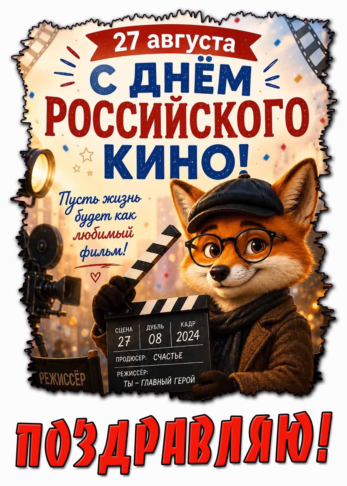 Прикольная картинка 27 августа - С днём российского кино! Пусть жизнь будет как любимый фильм! Поздравляю!