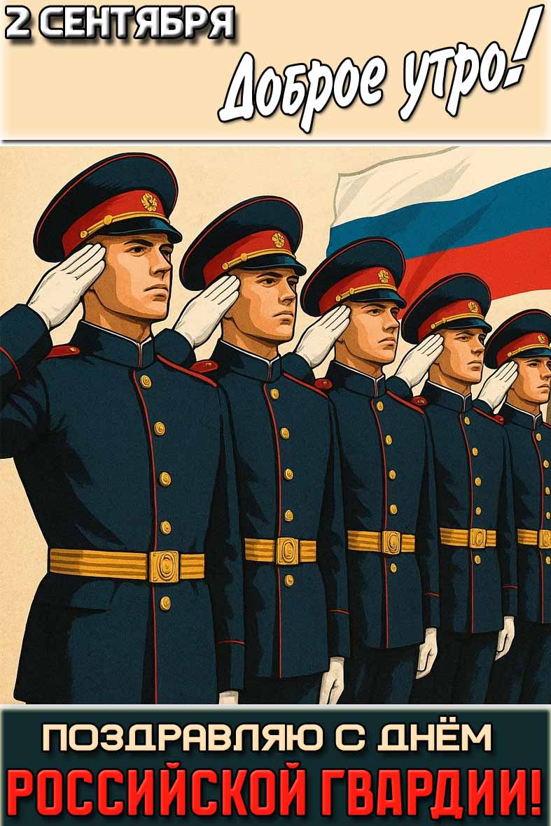 Красивая вертикальная картинка с военными, отдающими честь на фоне триколора и надписью : "2 сентября доброе утро! Поздравляю с днём российской гвардии!". Картинка "2 сентября доброе утро! Поздравляю с днём российской гвардии!"