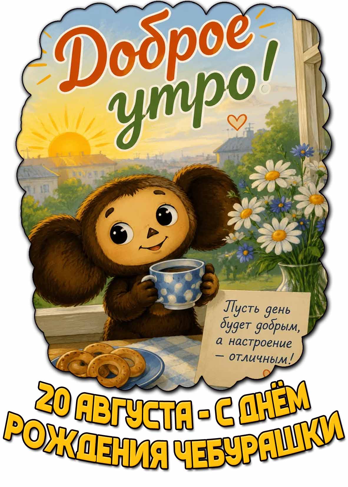 Открытка "Доброе утро! С днём рождения Чебурашки!" - 20 августа
