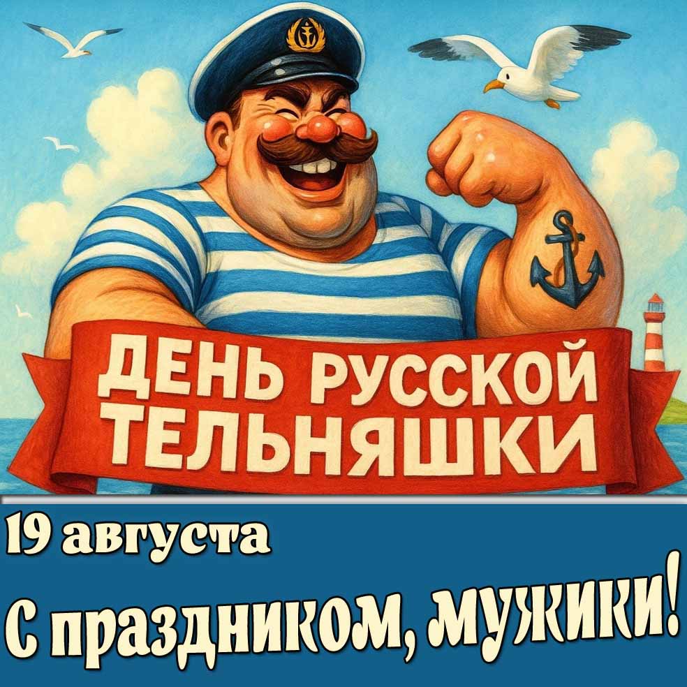Прикольная открытка 19 августа - день русской тельняшки! С праздником, мужики!"