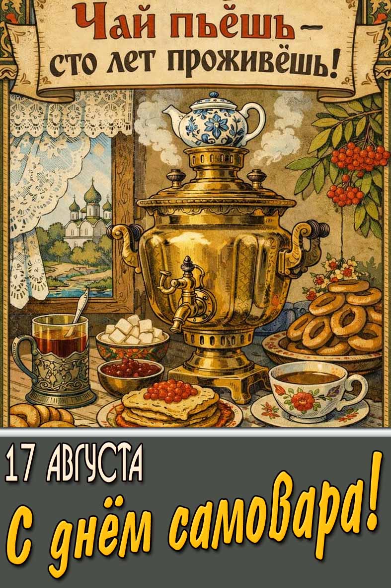 Красивая открытка 17 августа - с днём самовара! Чай пьёшь - сто лет проживёшь!