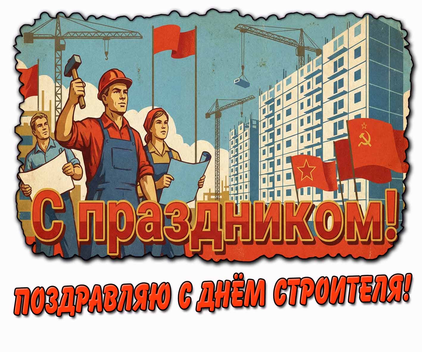 Советская открытка "Поздравляю с днём строителя! С праздником!"