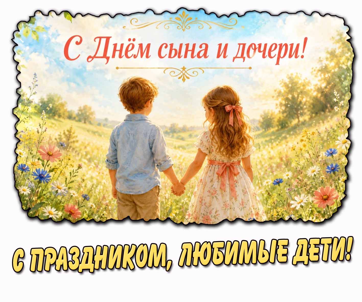 Летняя открытка "С днём сына и дочери! С праздником, любимые дети!"