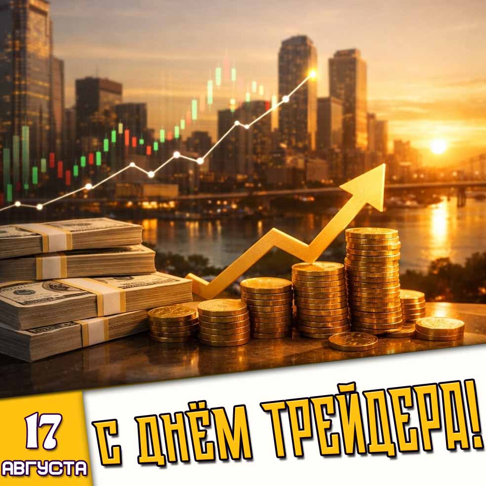 Красивая открытка с пачками денег и золотыми монетками на фоне рассвета над мегаполисом к празднику 17 августа - с днём трейдера!