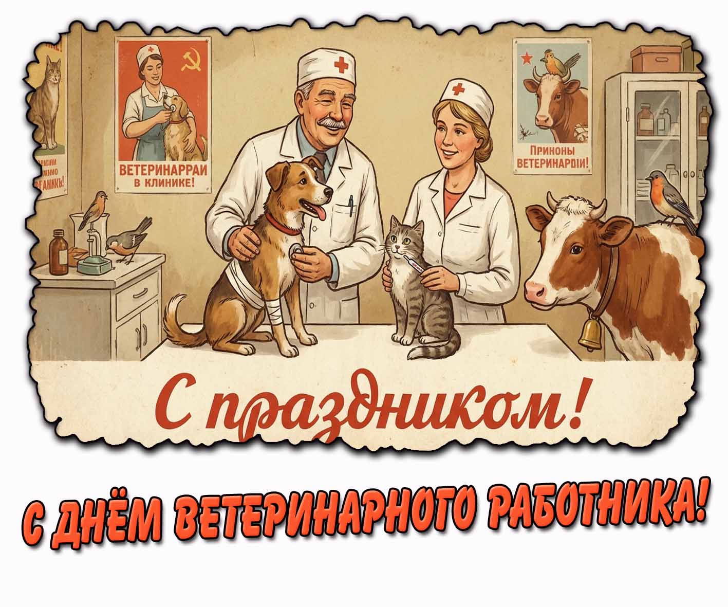 Красивая горизонтальная открытка с Советскими врачами-ветеринарами и животными на приёме и надписью : С днём ветеринарного работника! С праздником! Советская открытка "С днём ветеринарного работника! С праздником!