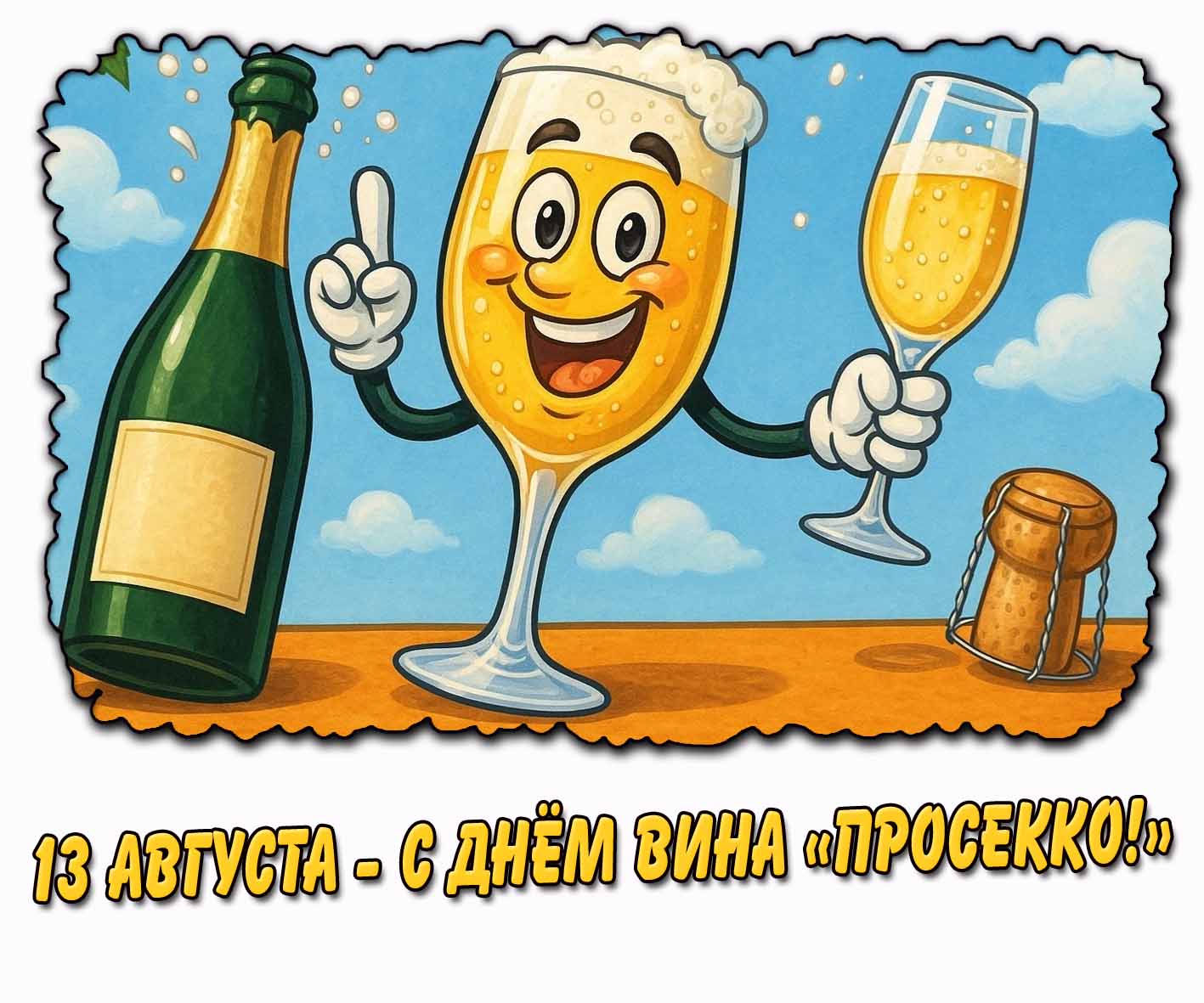 Прикольная картинка с мультяшным фужером игристого к празднику 13-го августа : С днём вина «Просекко!».