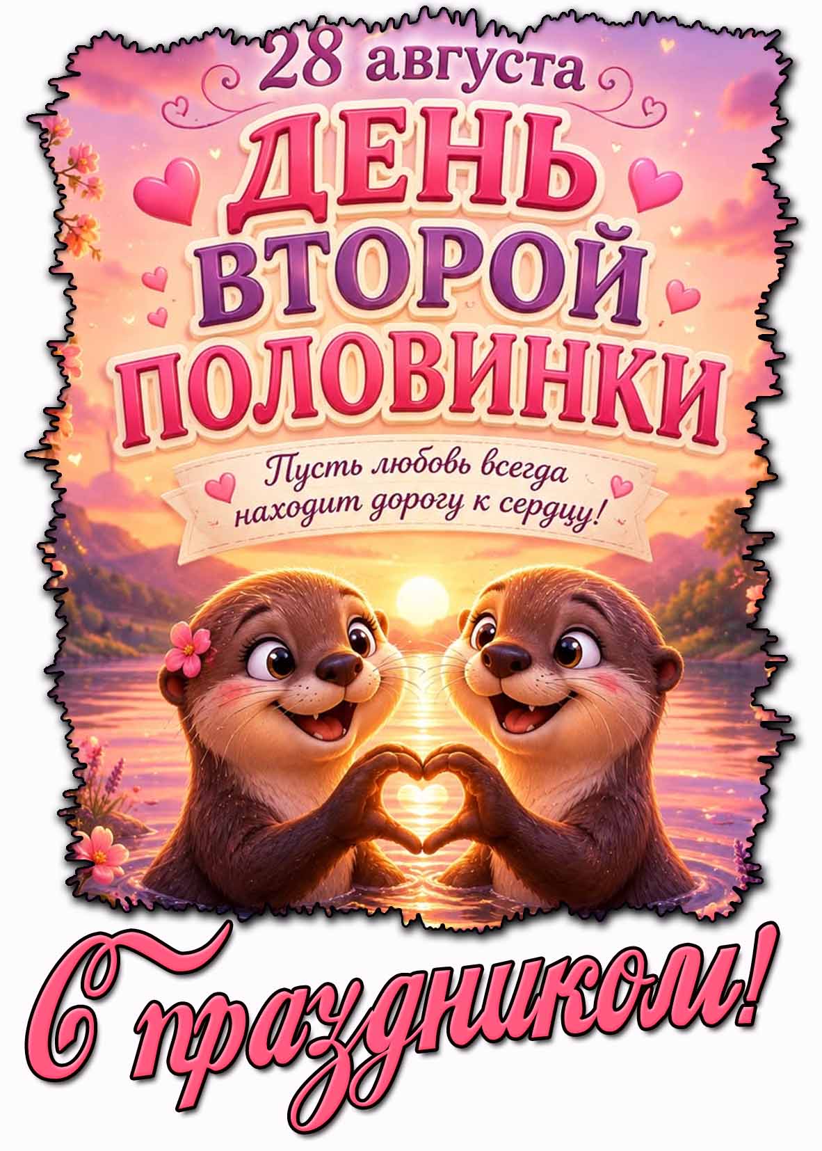 Красивая открытка 28 августа - день второй половинки! Пусть любовь всегда находит дорогу к сердцу! С праздником!