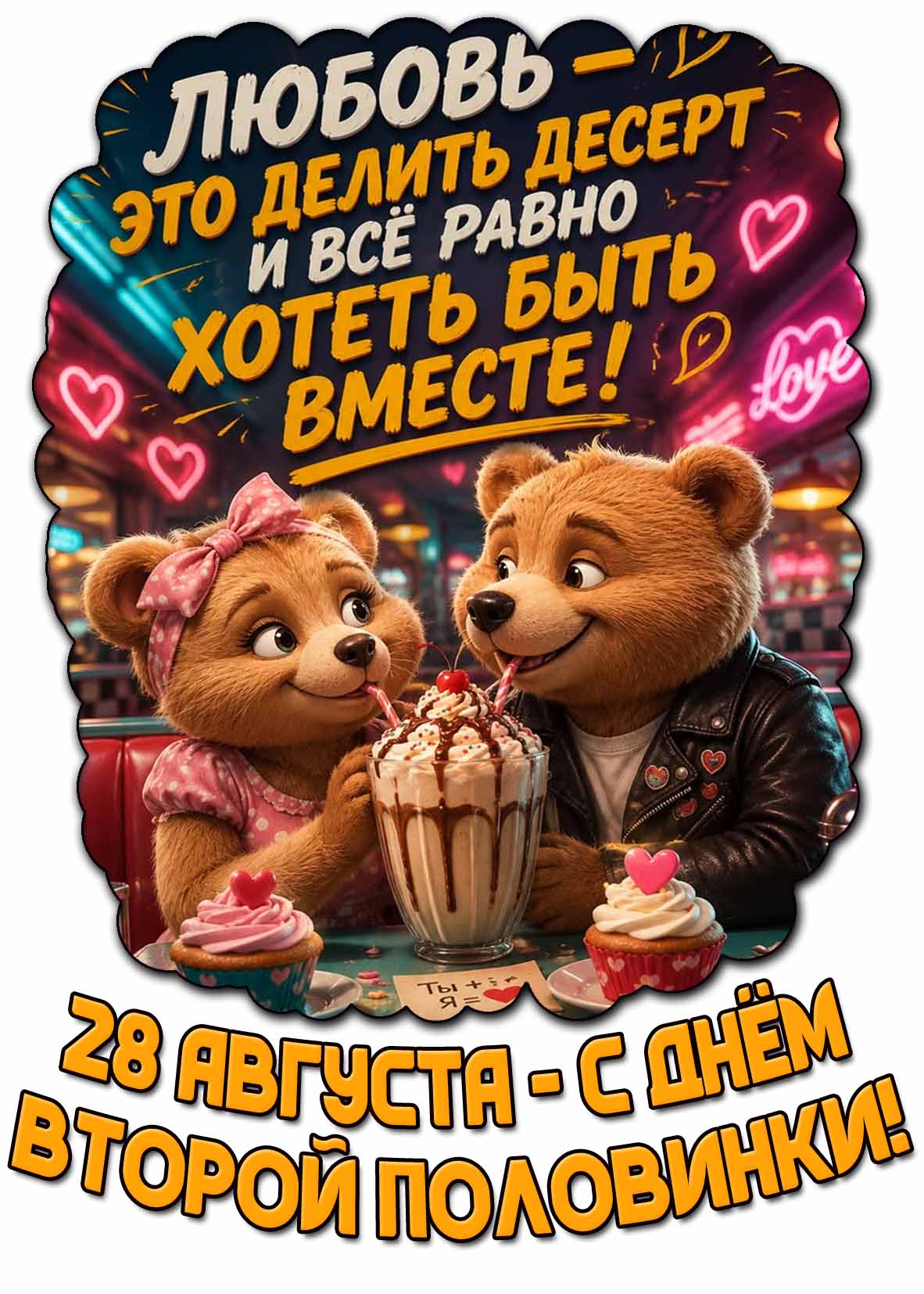 Картинка "28 августа - с днём второй половинки! Любовь - это делить десерт и всё равно хотеть быть вместе!"