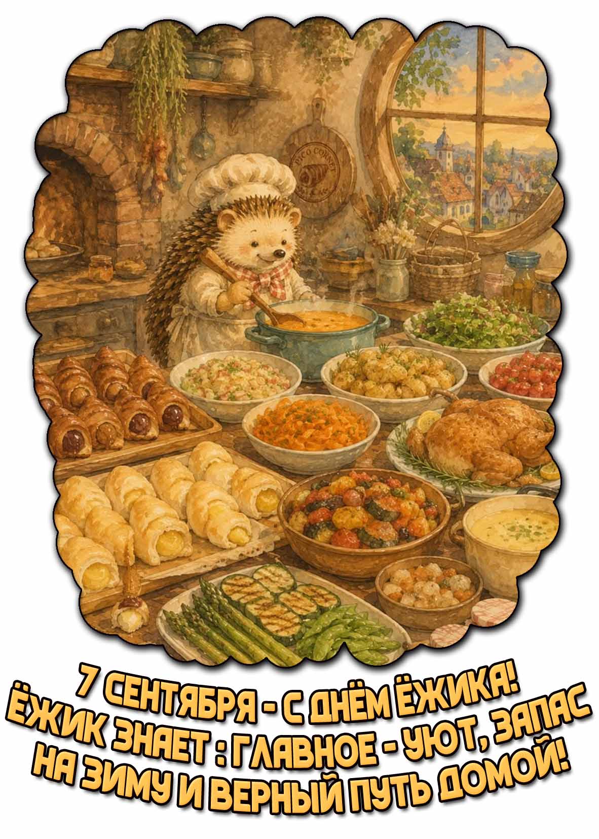 Открытка 7 сентября - с днём ёжика! Ёжик знает : Главное - уют, запас на зиму и верный путь домой!