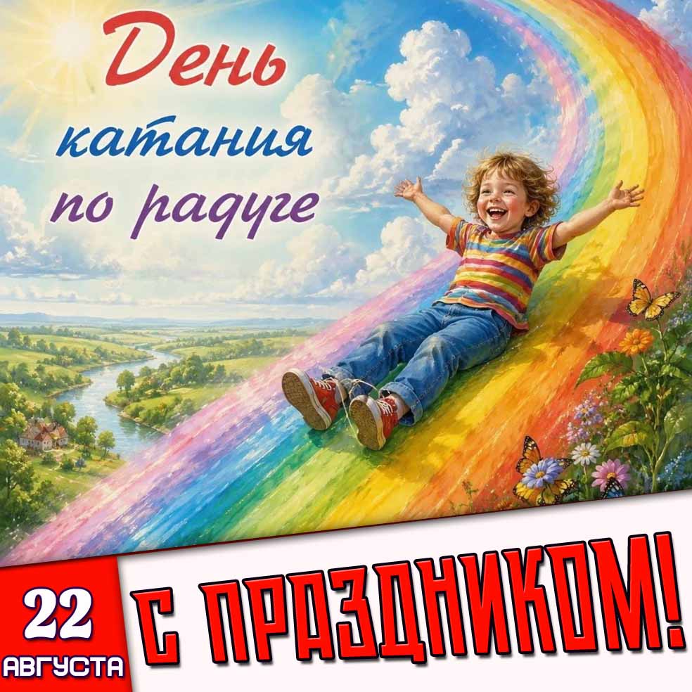 Детская открытка 22 августа - день катания по радуге! С праздником!