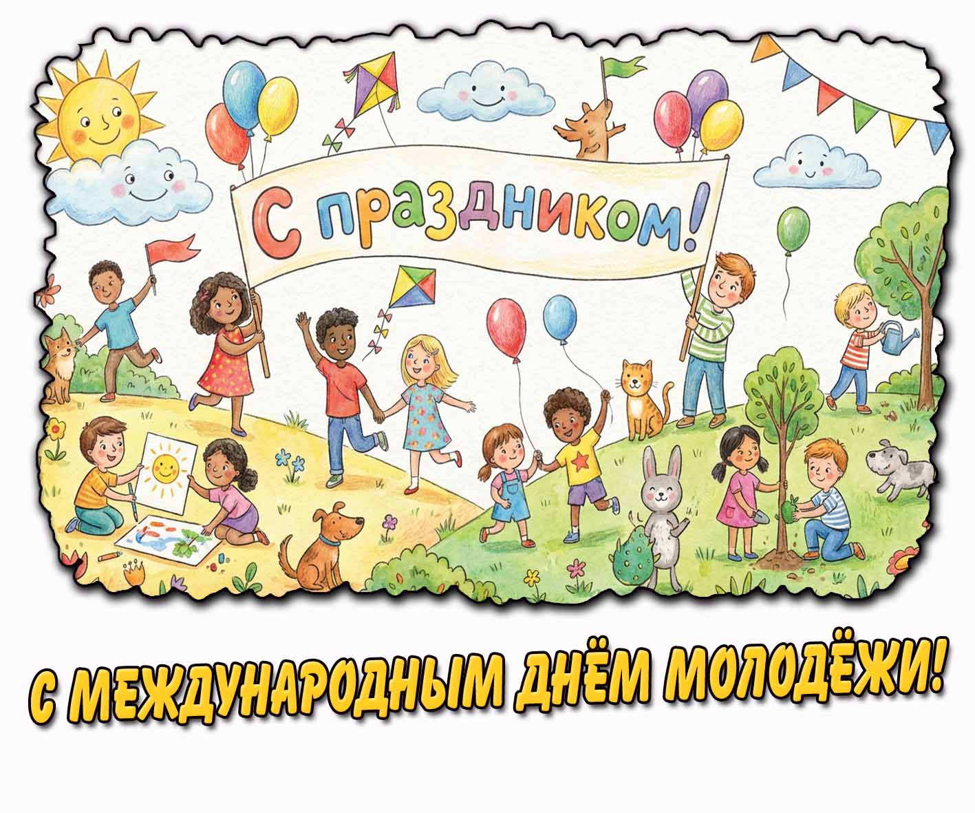 Детская открытка "С Международным днём молодёжи! С праздником!"