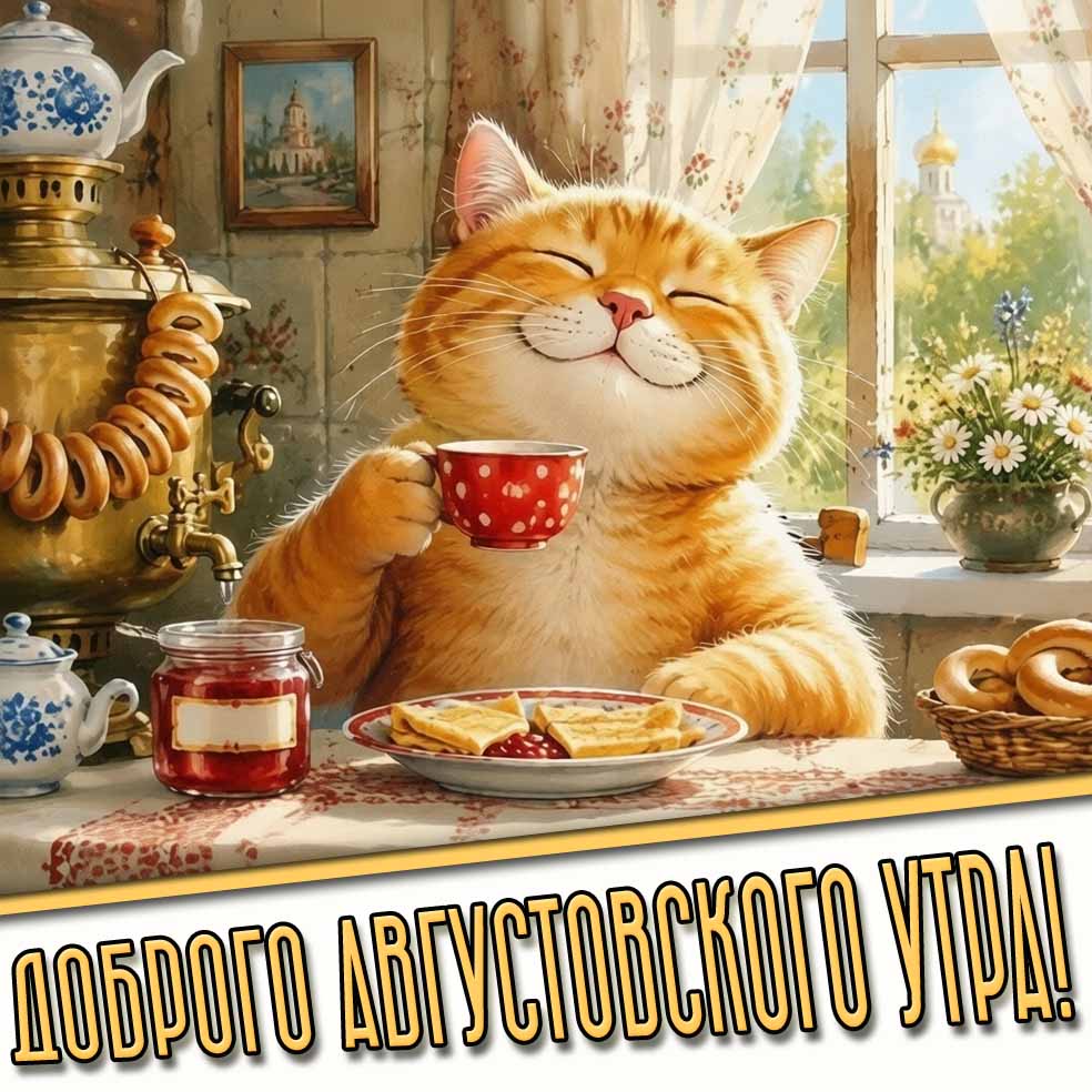 Доброго августовского утра! - прикольная открытка с котом