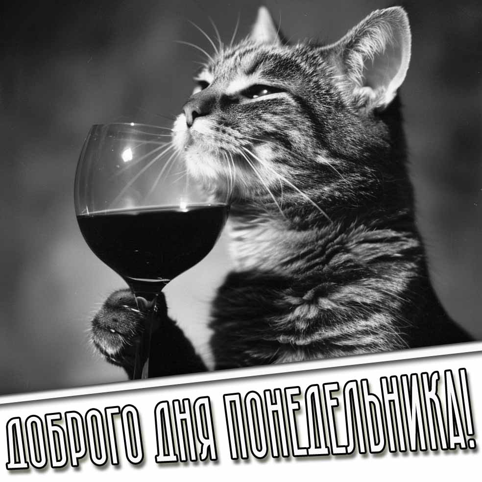 Доброго дня понедельника! - открытка с котом и вином