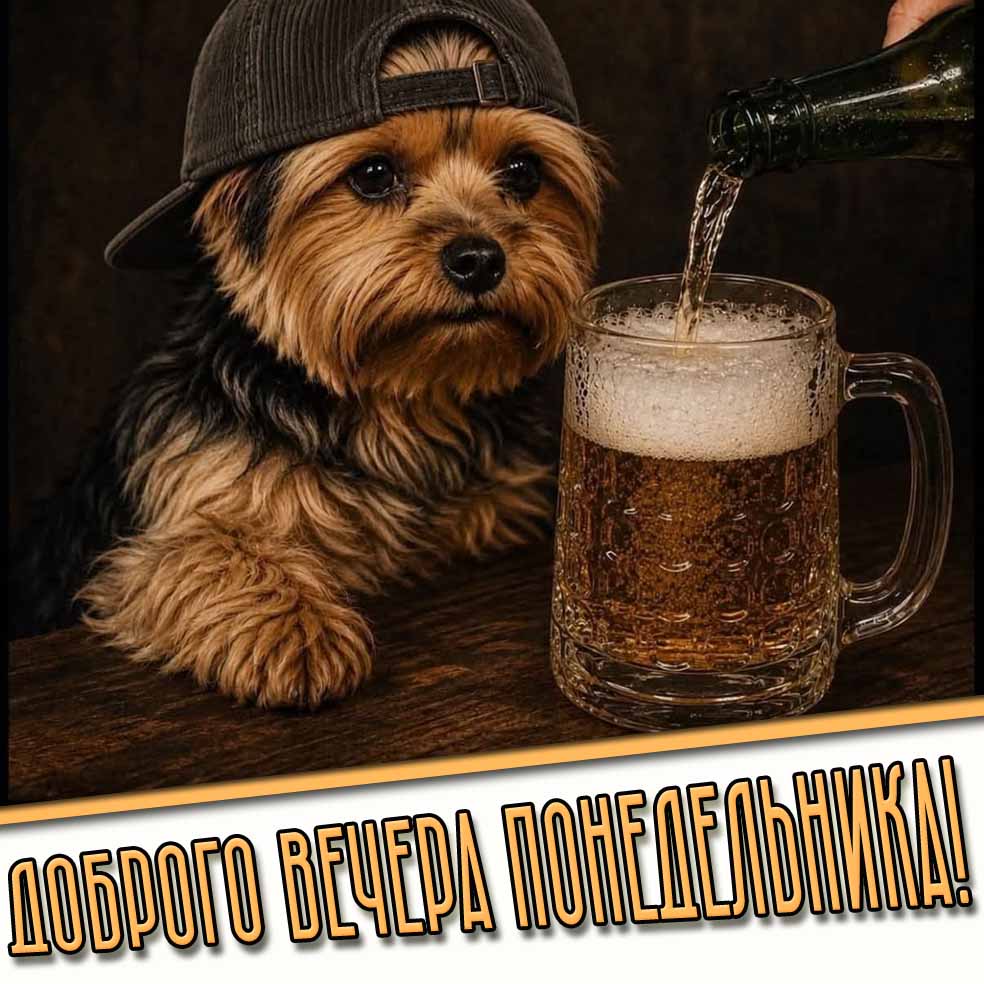 Доброго вечера понедельника! - открытка с пивом и собакой
