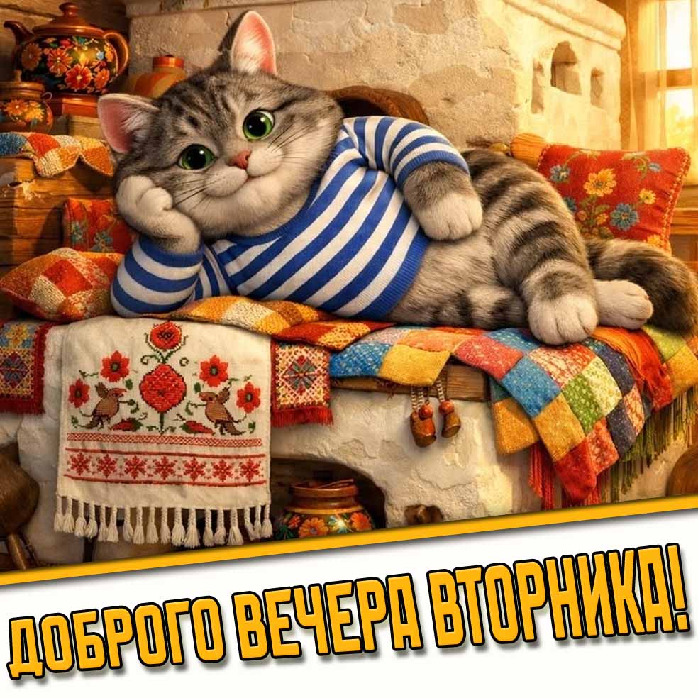 Доброго вечера вторника! - прикольная открытка с котом