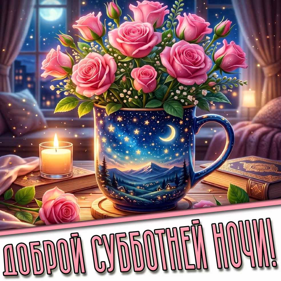 Доброй субботней ночи! - красивая открытка с розами