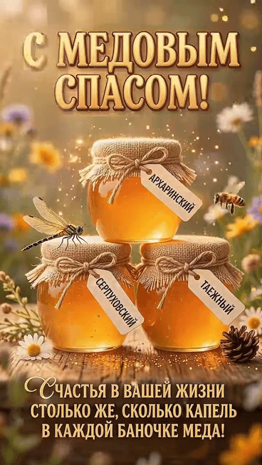 Гифка "С Медовым Спасом! Счастья в вашей жизни столько же, сколько капель в каждой баночке мёда!"