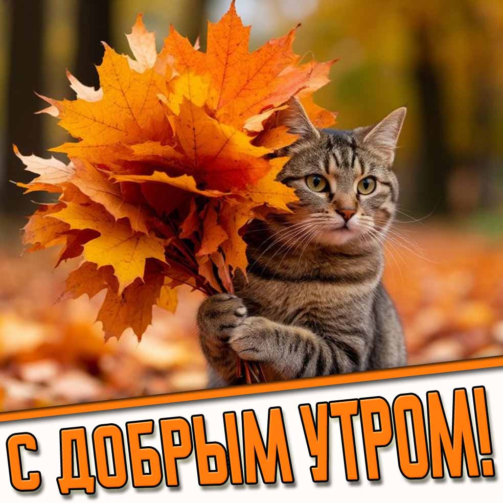 Прикольная осенняя картинка с котом "С добрым утром!"