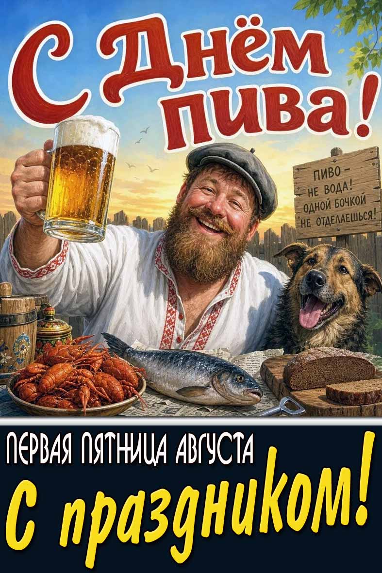 Картинка "С днём пива! Пиво - не вода! Одной бочкой не отделаешься! Первая пятница августа! С праздником!"