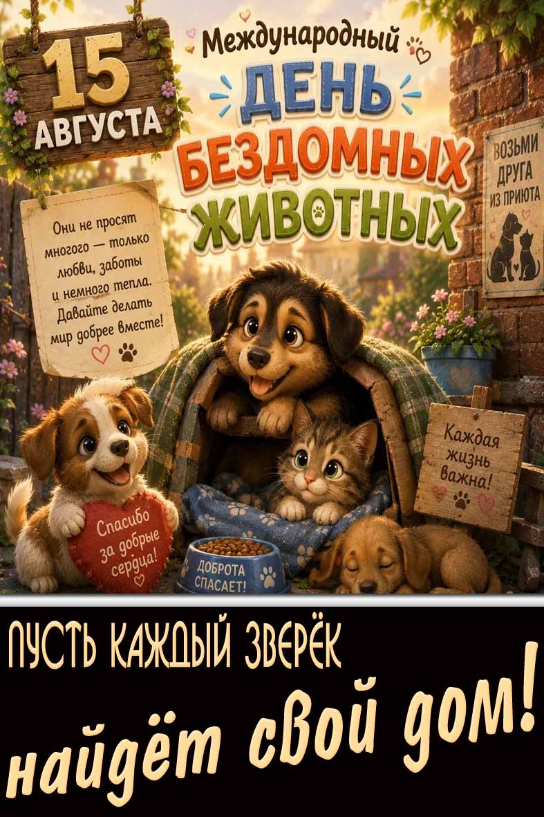 Картинка 15 августа - Международный день бездомных животных! Пусть каждый зверёк найдёт свой дом!